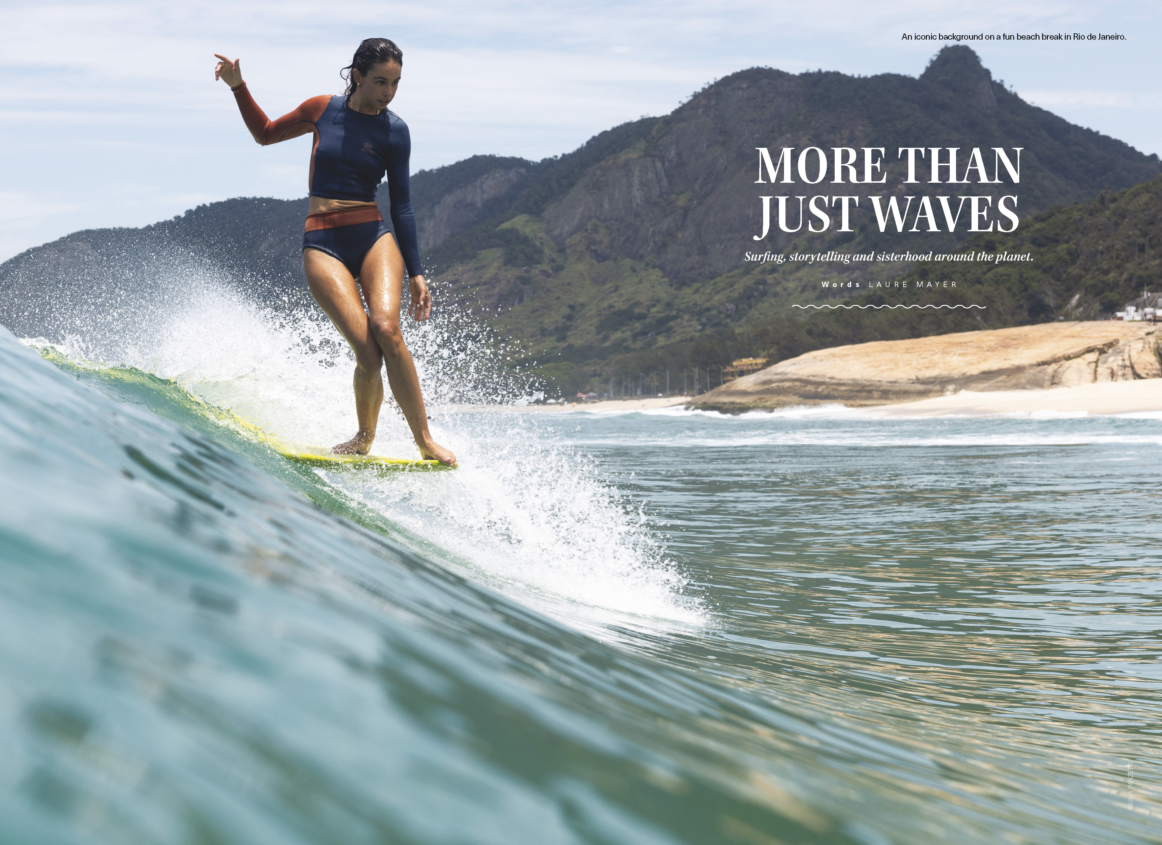 Magazine spread of a longboarder in a navy and rust wetsuit cross-stepping on a green wave in Rio de Janeiro, with forested mountains behind and the headline More Than Just Waves