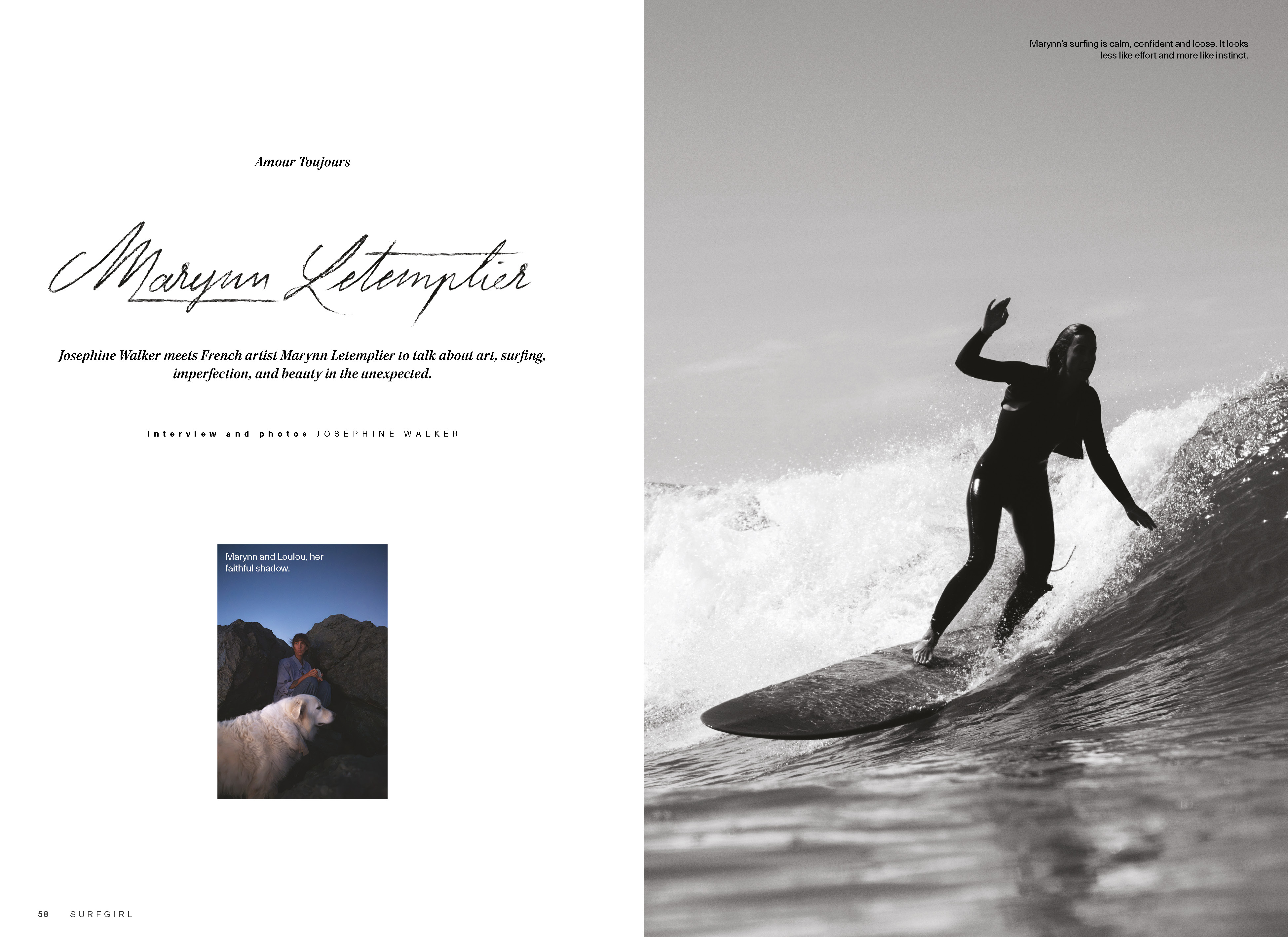 Magazine spread with Marynn Letemplier’s name in handwritten script and a small photo of her with her white dog on the left, and a black and white shot of her surfing a longboard on the right